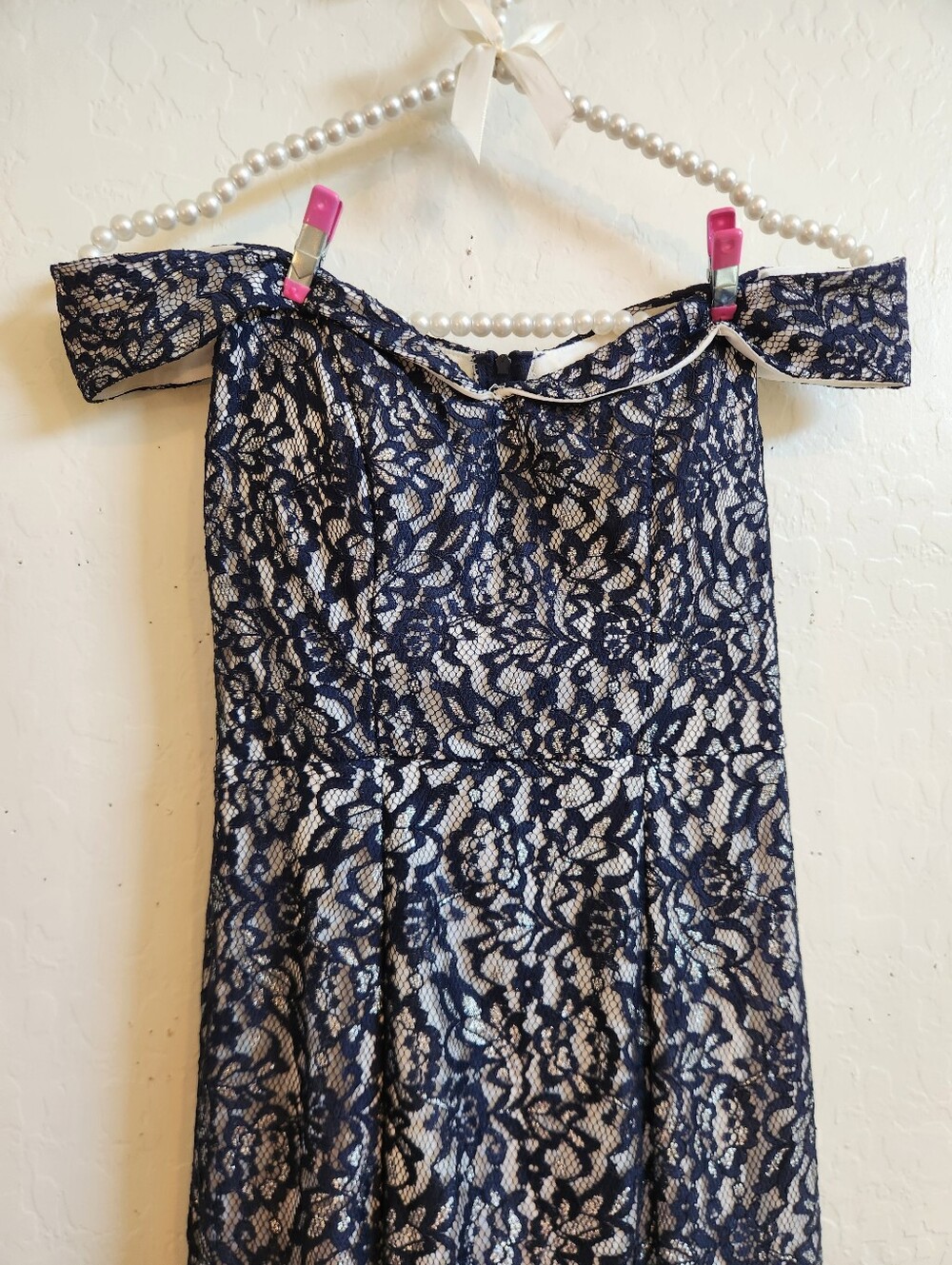 Sequin Hearts Navy Lace Off-Shoulder Dress with Cream Underlay